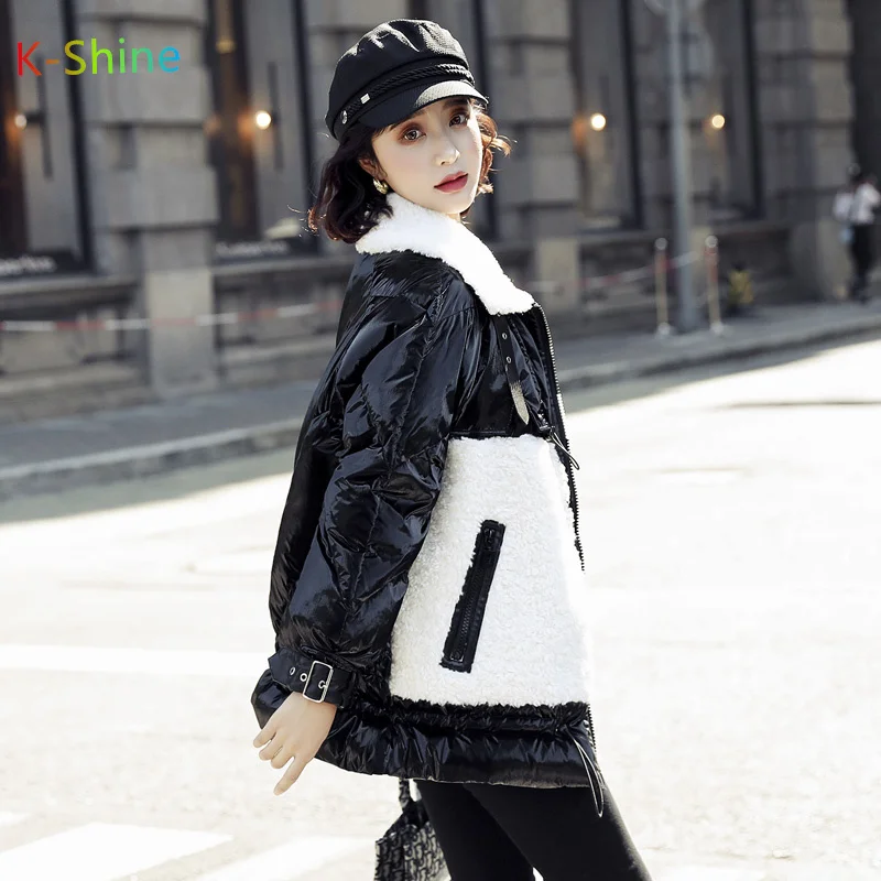 2021 new winter thick Down jacket for women white duck down lamb wool stitching jacket