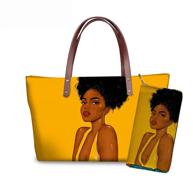 Black Queen Afro Girls Printed Handbag Set Lightweight Shoulder Bag Tote Luxury Purses And Handbags For Ladies Women