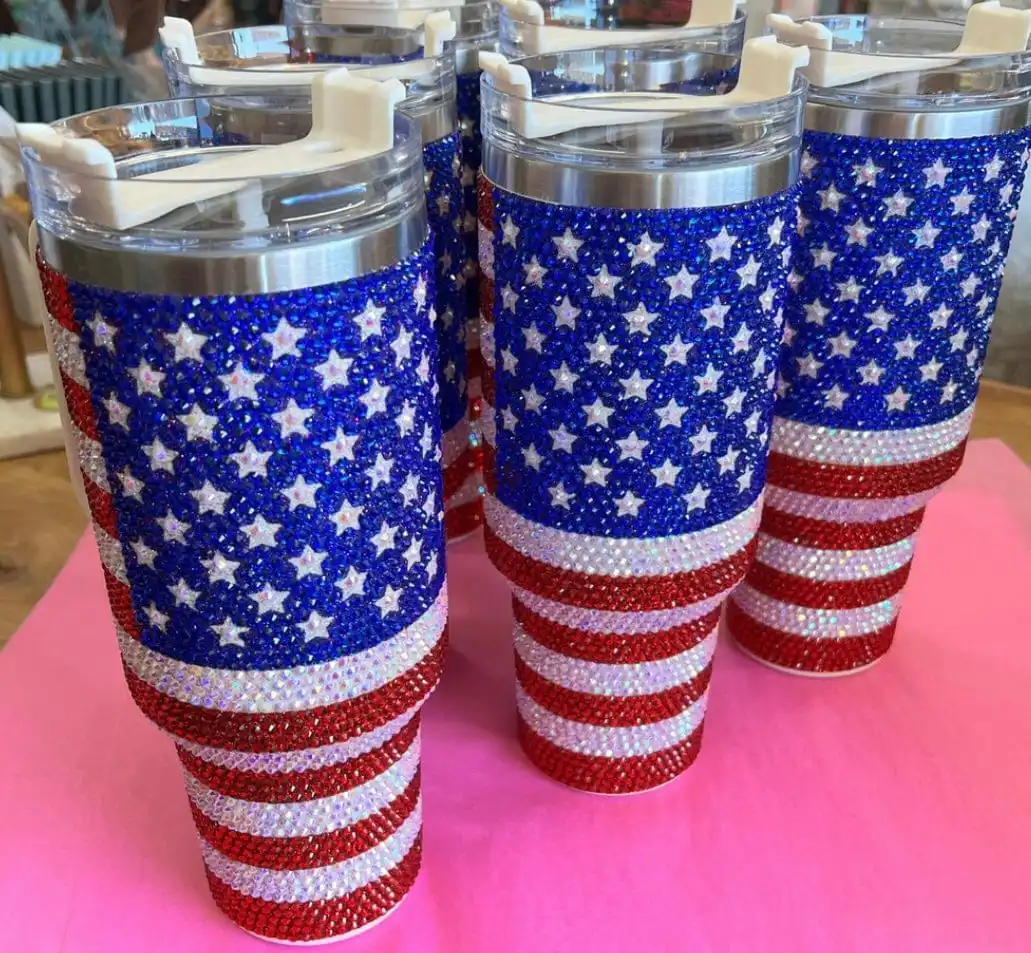 American Flag 40 OZ Bling Rhinestone Crystal Tumbler USA Glitter Gift Mugs With Handle and