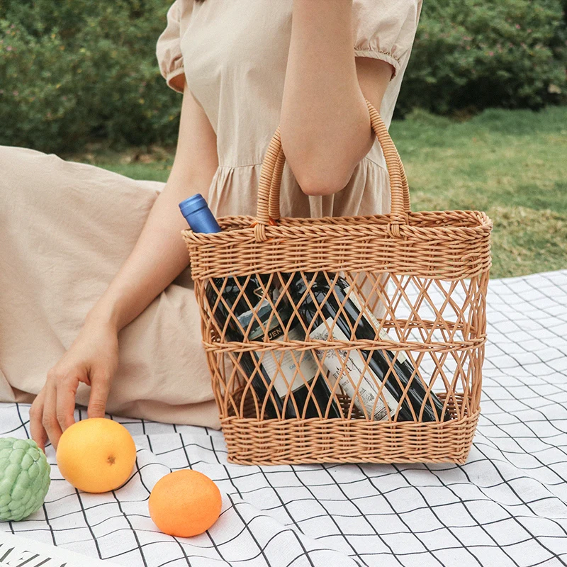 Eco-friendly popular shopping bag plastic grocery bakset lundry basket rattan picnic basket tote bag with handle