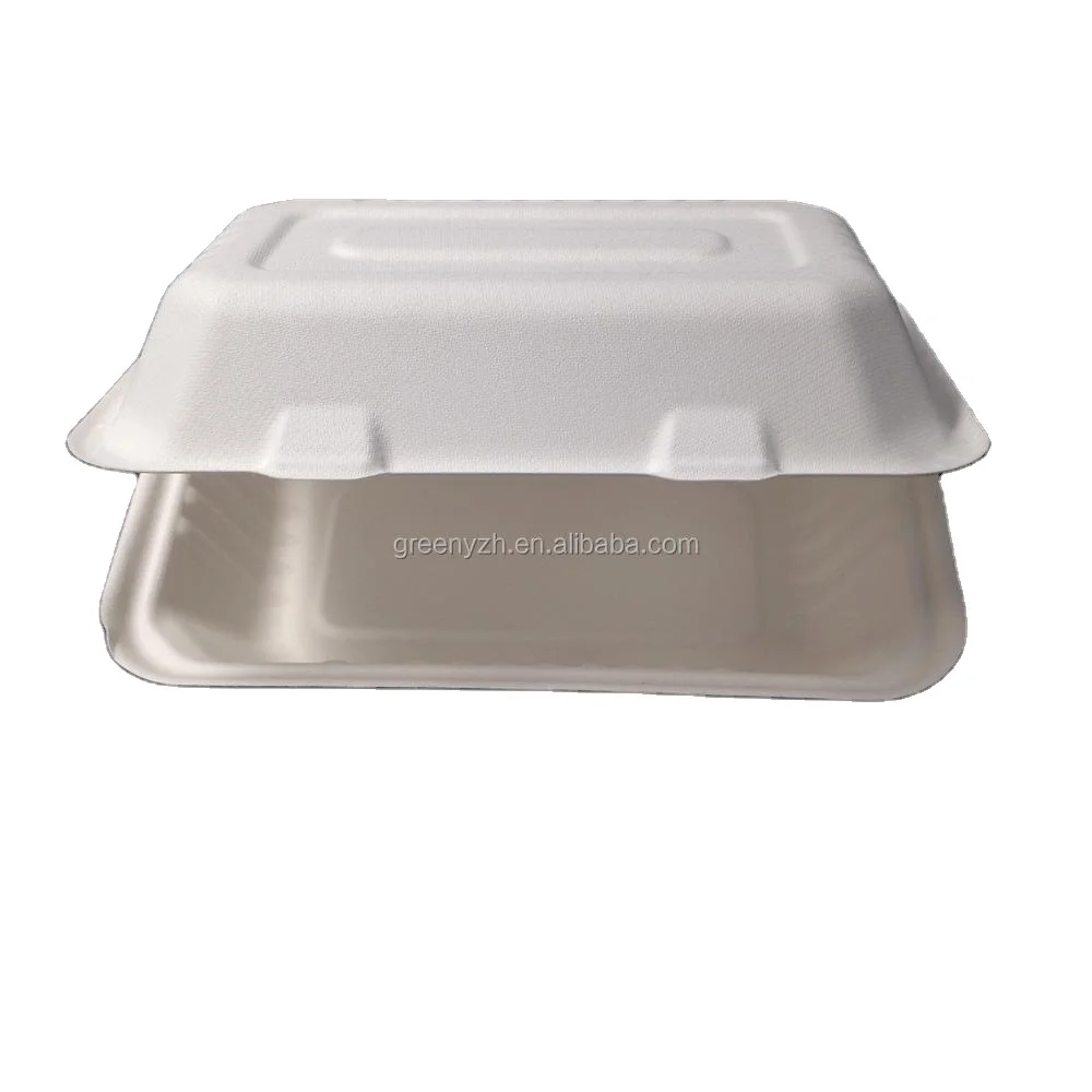 Eco friendly restaurant to go degradable take way box packaging bagasse clamshell box hinged food container sugarcane box