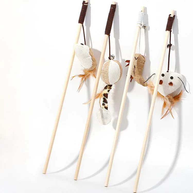 Pet Toys for Indoor Cats 16 Inch Natural Wood Cat Teaser Wand Toy with Teaser Refills for Cat Kitten Having Fun Exerciser