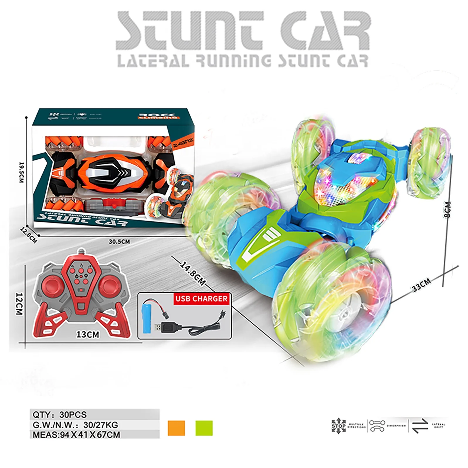 KUNYANG 2.4GHz off road light children plastic function running car toy twist game high speed rc stunt car toys for kids