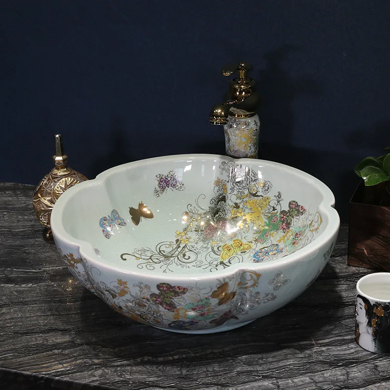 Flower Shape Butterfly Garden Pink Ceramic Vessel Sink with Gold Accents for a Touch of Luxury in Your Bathroom basin sinks
