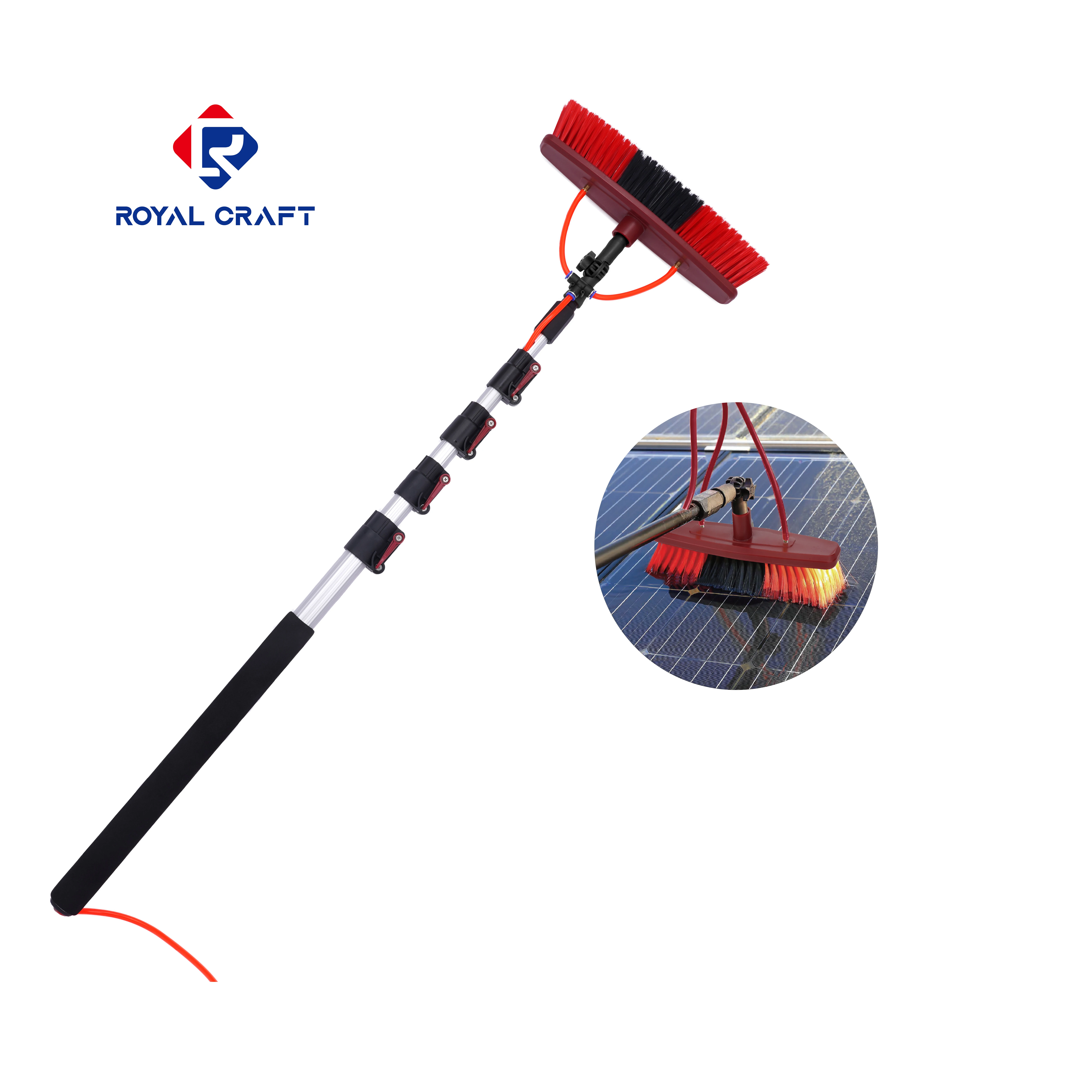 Red Color Telescoping Solar Panel Cleaning Brush Equipment With Cleaning Container
