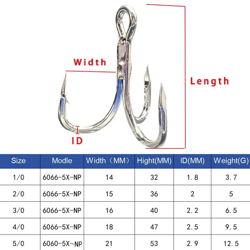 BKK 6066-5X-NP Fangs Bright TinTreble Hook 1/0 2/0 3/0 4/0 5/0 Strong Saltwater Fishing Hooks Fishhook  For Jigging  Minnow Lure