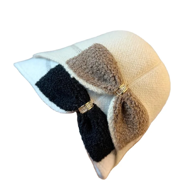 fashion knitted Bucket Hat Knit winter Foldable Knitted Bucket caps with bowknot cloche bowler Hats for Women Trendy Cute