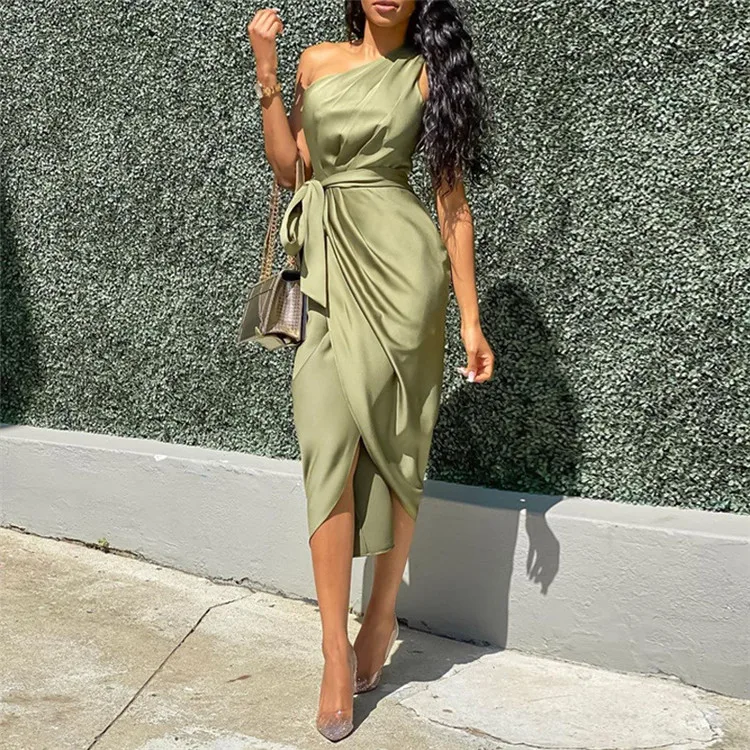 High quality sexy women satin green slim ladies dress One Shoulder Ruched Design Party Dress with belt