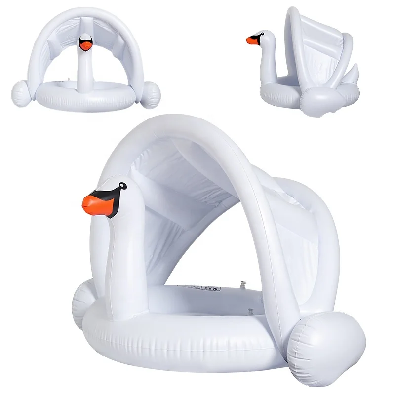 Durable White Inflatable Flamingo Swimming Seat Ring With Canopy Summer Beach Sunshade Cross Swimming Ring Water Toys For Kids