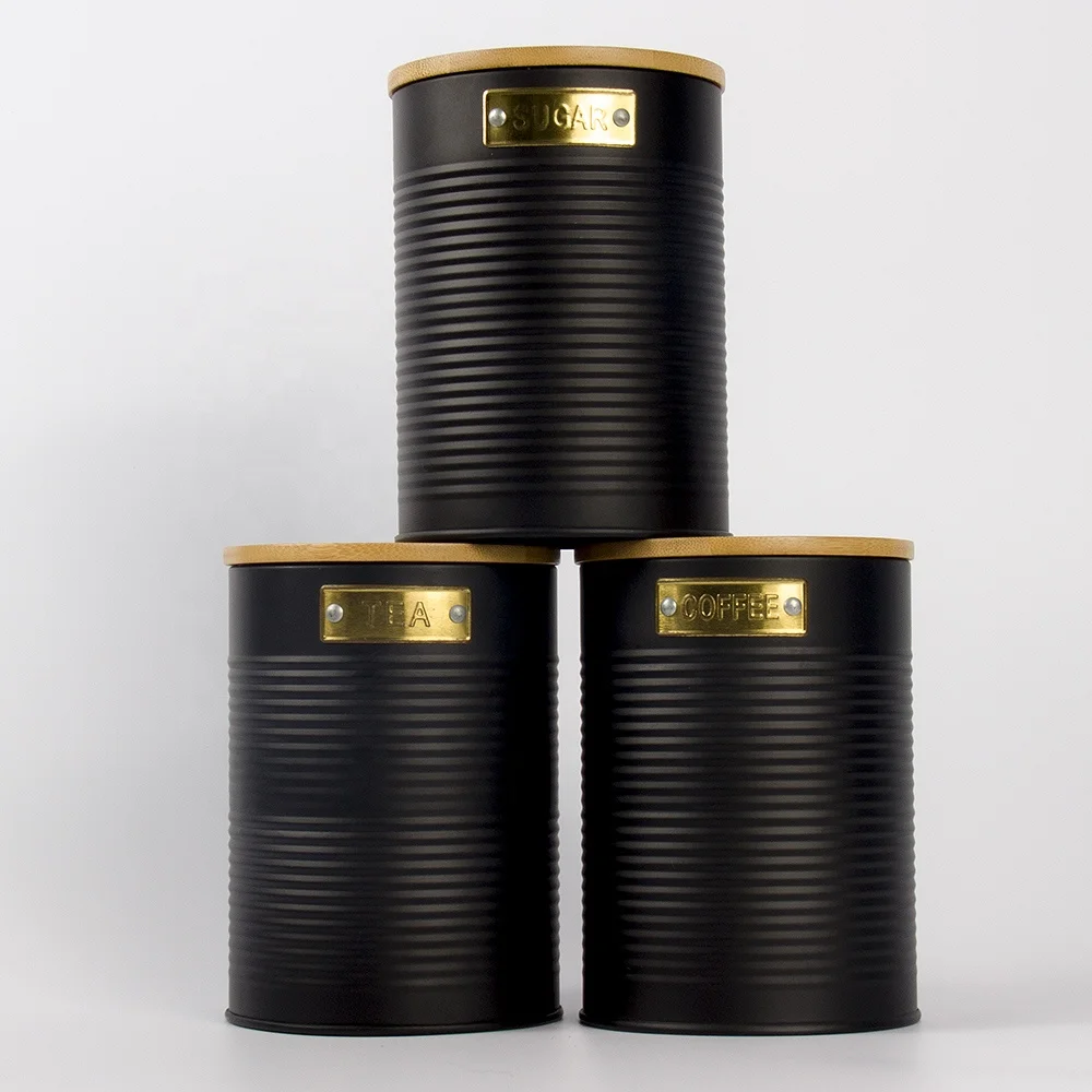 kitchen blank metal Black Round salt sugar tea tins canisters sets for the kitchen storage