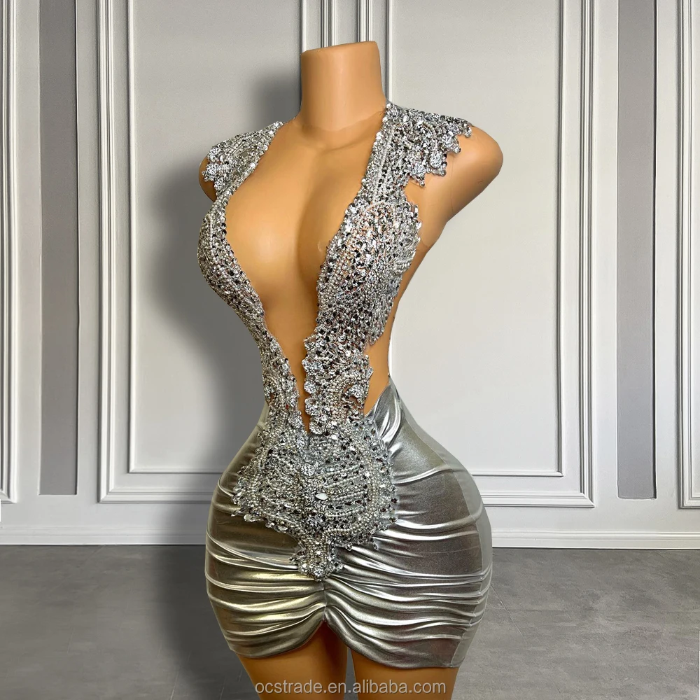 Ocstrade  Fall 2023 Women Clothes Diamond Embellished Rhinestone Party Dress Night Club V Need Pu Leather Birthday Dresses Women