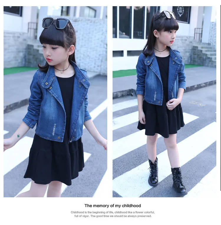 Hao Baby New Children Suit Spring And Autumn Cross-border Big Kids Denim Jacket Solid Color Dress Long-sleeved Girls Two-piece