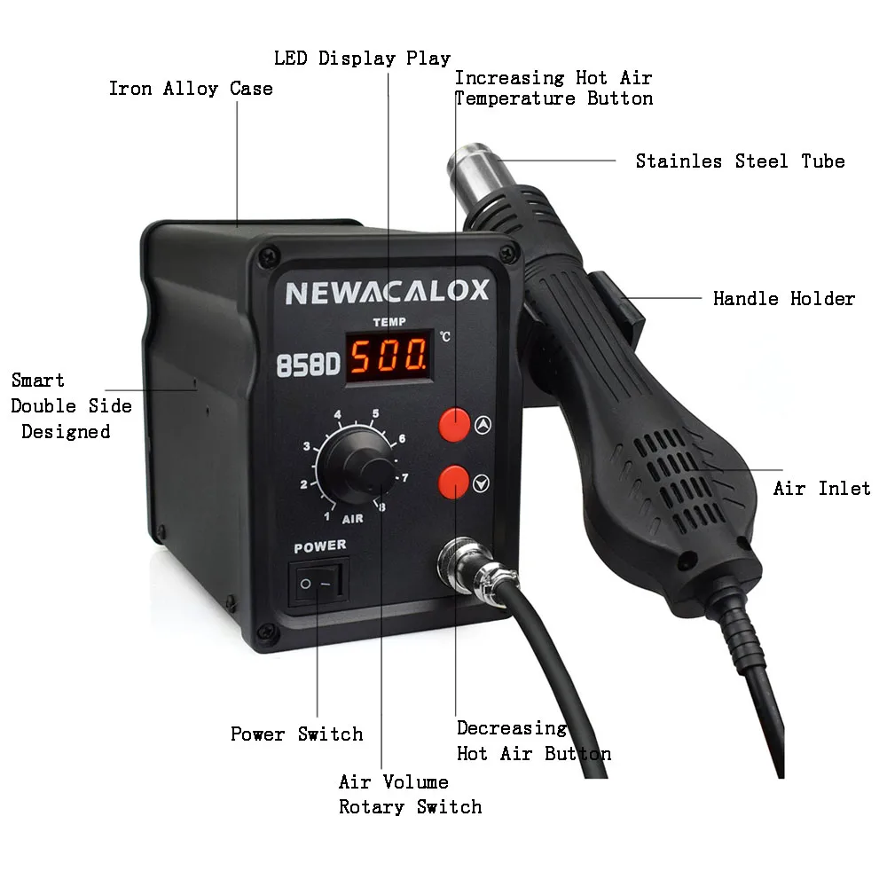Maixi 858D 700W EU/US 100-500 Degree Hot Air Rework Station Thermoregul LED Heat Gun Blow Dryer for BGA IC Desoldering Tool
