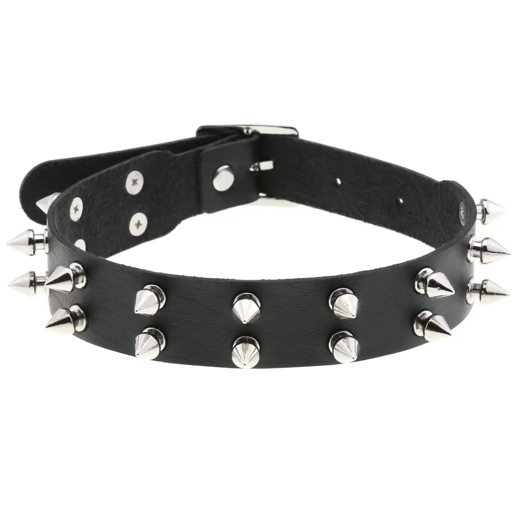 New punk double row spike rivet leather collar japan harajuku collar cosplay goth rock neck chain leather chain
