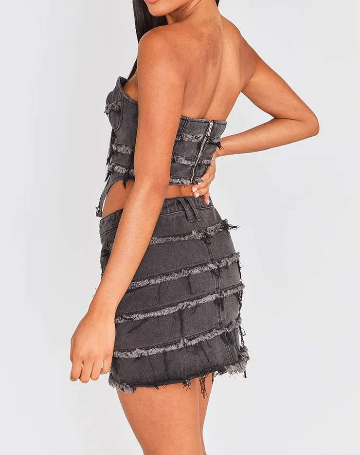 Washed Black Frayed Seam Detail Denim Corset Two Piece Set Frayed Seam Detail Mini Denim Skirt Women Jeans Set