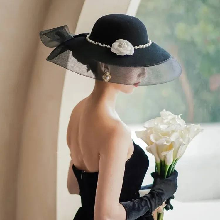 H7128B  Lady Black Fedoras Hat Ladies Mesh Yarn Fascinators Bridal Wedding Hats Veil Headdress Hats
