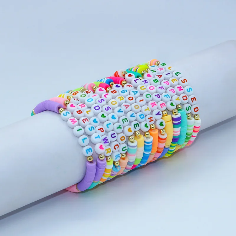 custom Boho polymer clay beads motivational Love Blessed name words stretch Initials bracelet for women