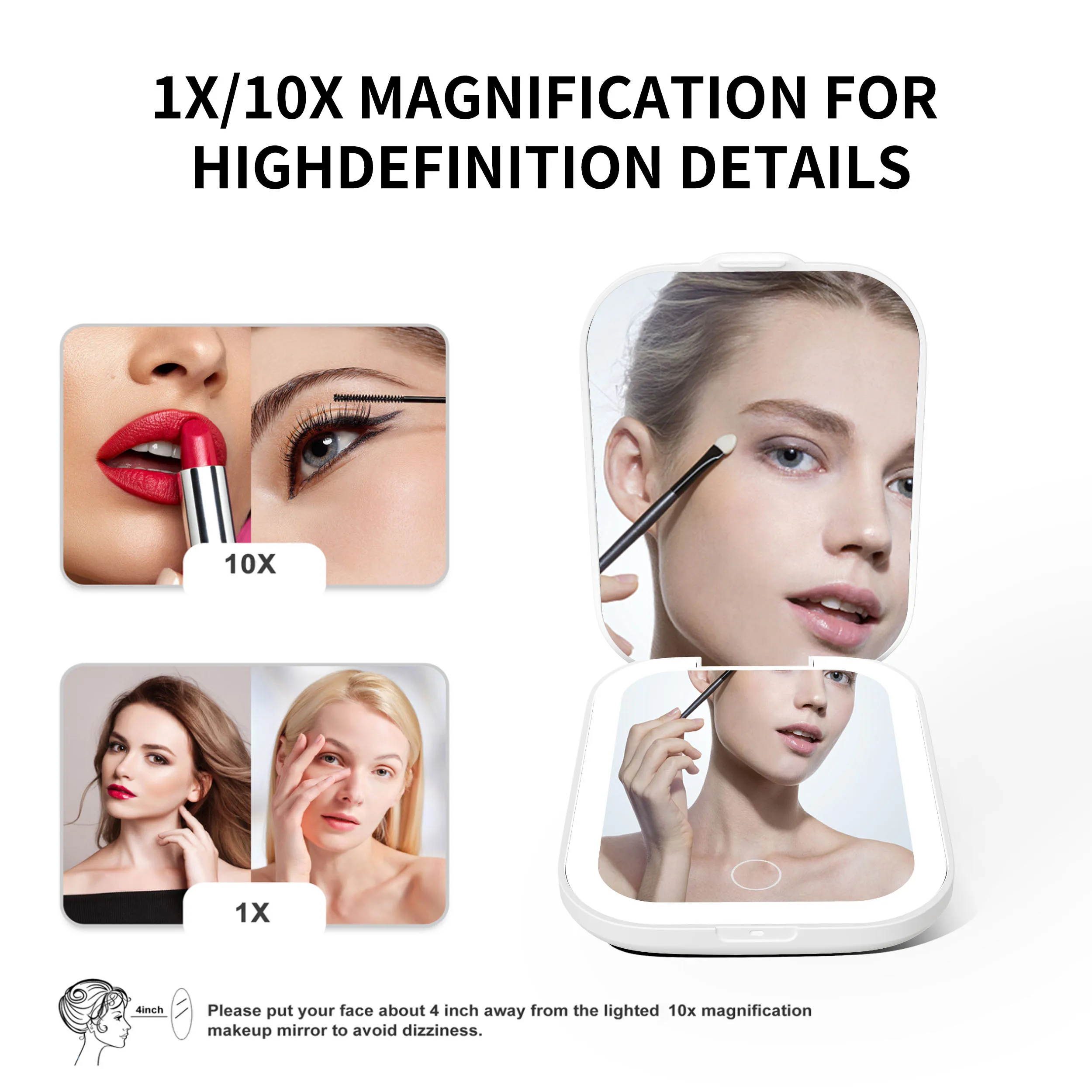 Custom Logo Personalized Touch Switch Mini Makeup Small Hand Travel Folding Pocket Mirror Compact Mirror With LED Light