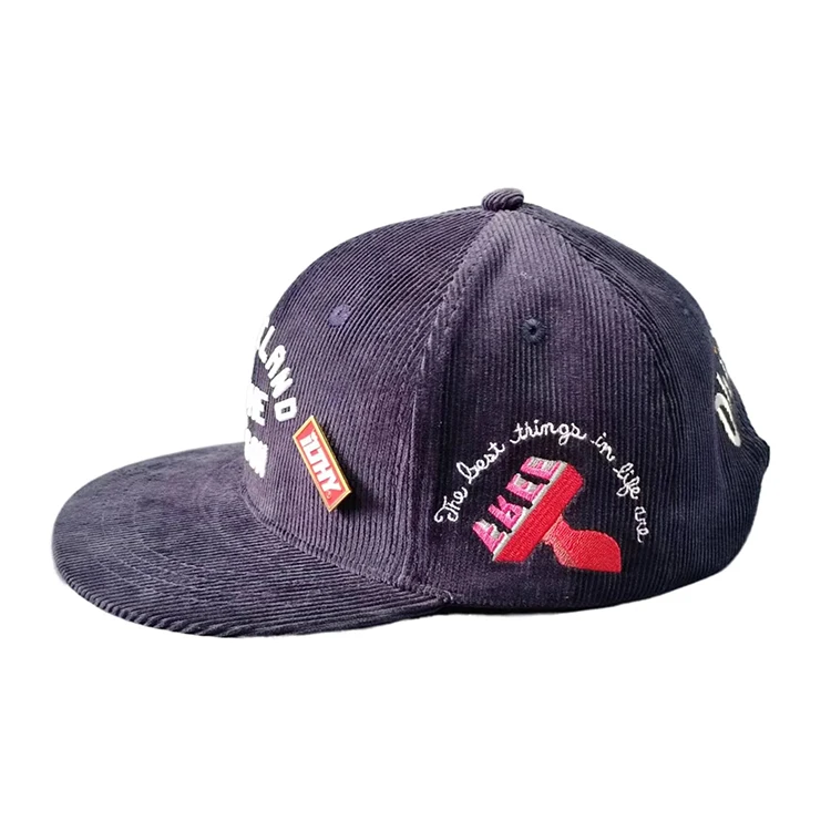 6-Panel Premium Custom Embroidery Corduroy Flat Bill Adjustable Snapback Caps High Quality Velvet Jersey for Outdoor Performance