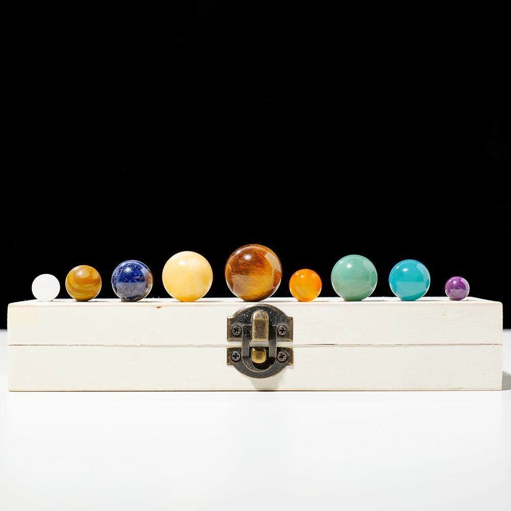 Wholesale Natural Nine planets set Healing Stones Decoration Wooden box packaging