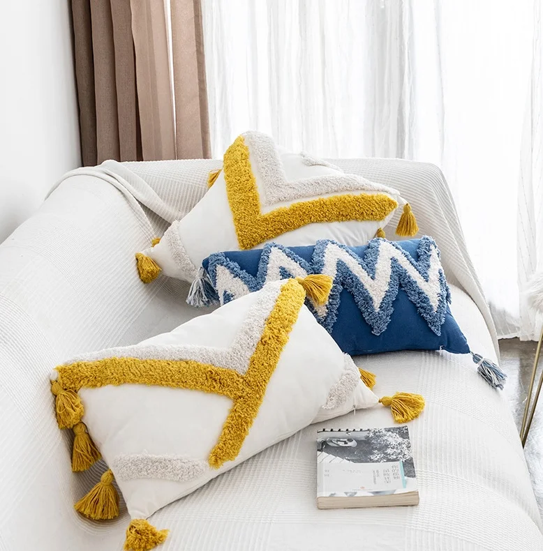 Custom Modern Bohemia Tassel Trow Pillow Covers Tufted Home Sofa Decor Cushion Cover Woven Embroidery Cotton Mustard Yellow Blue