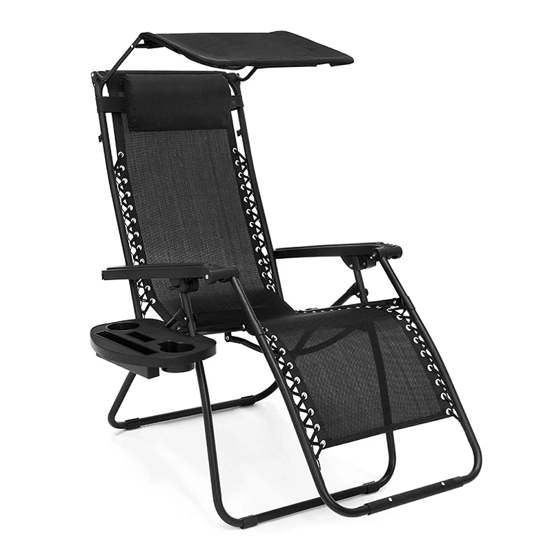 Lightweight Foldable Garden Zero, Gravity Metal Chair Outdoor Recliner Lounge Chairs with Folding Canopy Shade and Cup Holder/