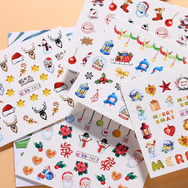 Wholesale Colorful Christmas Nails Art Decals Cartoon Claus Snowman Elk Watermark Nail Stickers