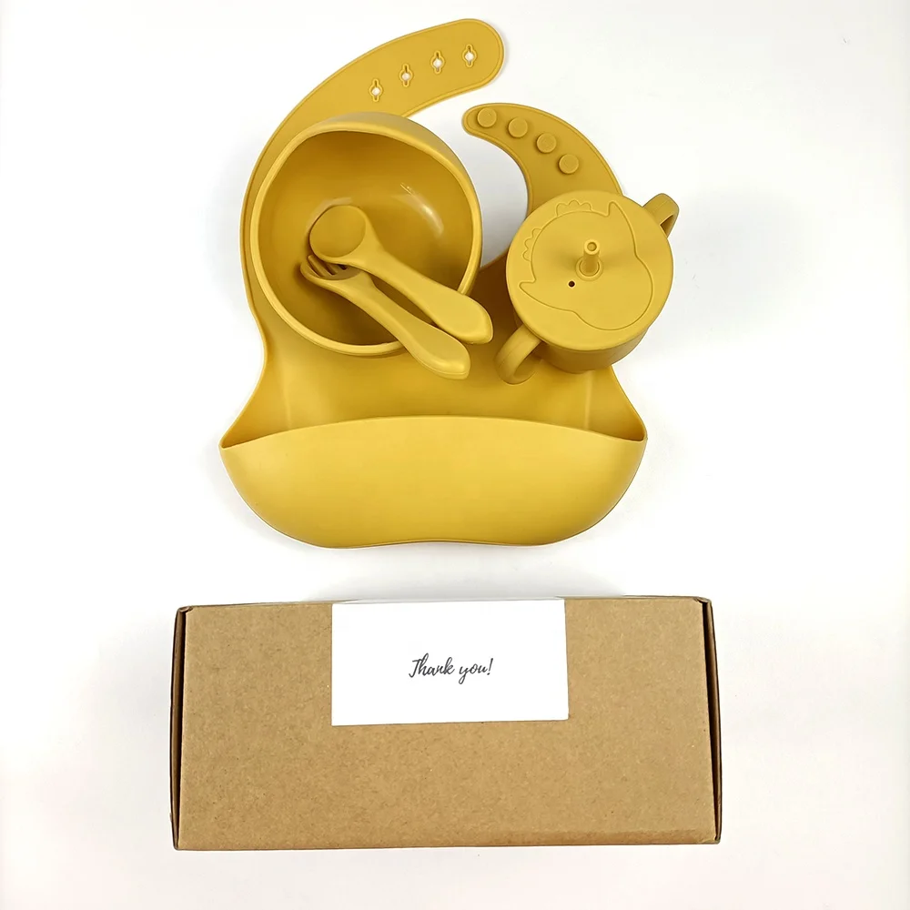 Silicone Baby Feeding Set Bpa Free  Silicone Bibs Waterproof With Food Catcher Baby Silicone Bowl Spoon  Fork Sippy Straw Cup