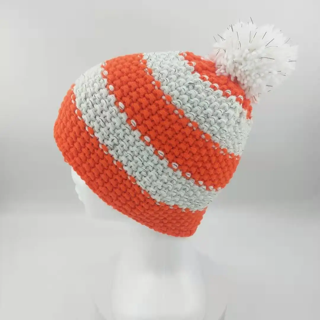 
OEM manufacture latest fashion cool reflective kids winter hat beanie hat shinning cap with pompom 
