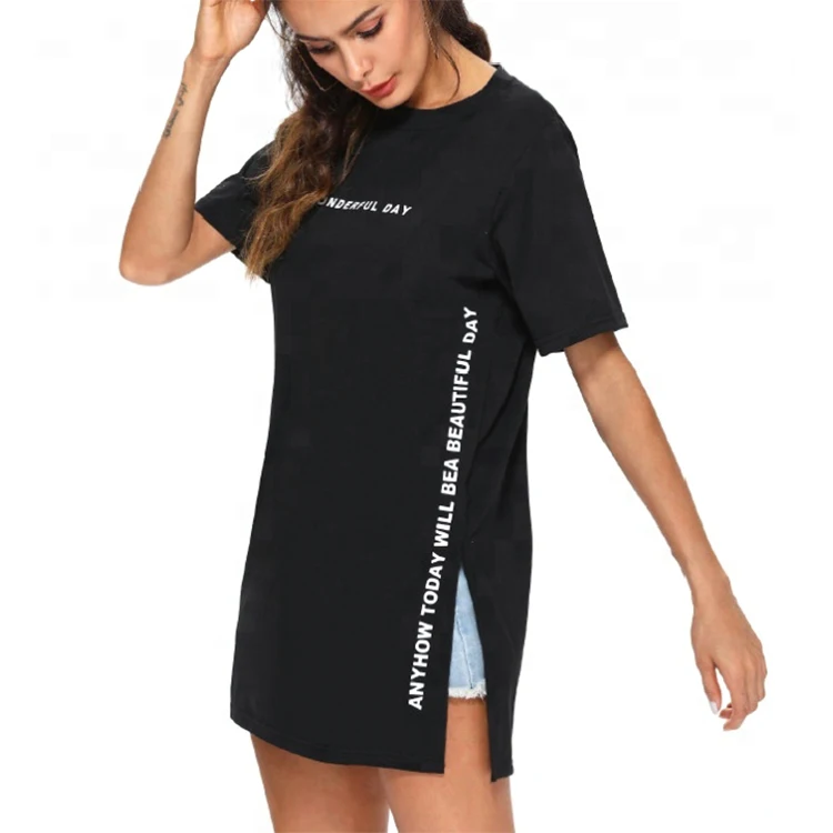 2022 Tall Tee Shirt For Women Split Hem T Shirt Long Cotton Tshirt Dress Short Sleeve Solid Casual Dress
