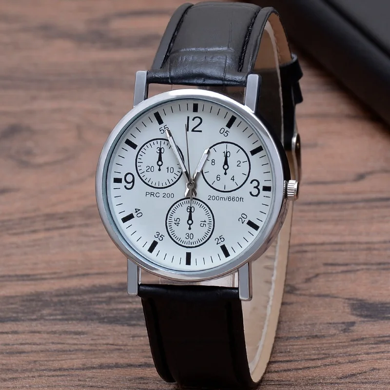 Hot Sale Three-eye Blue Glass PU Leather Belt Quartz Watch for Man 1 dollar cheap watch for gift