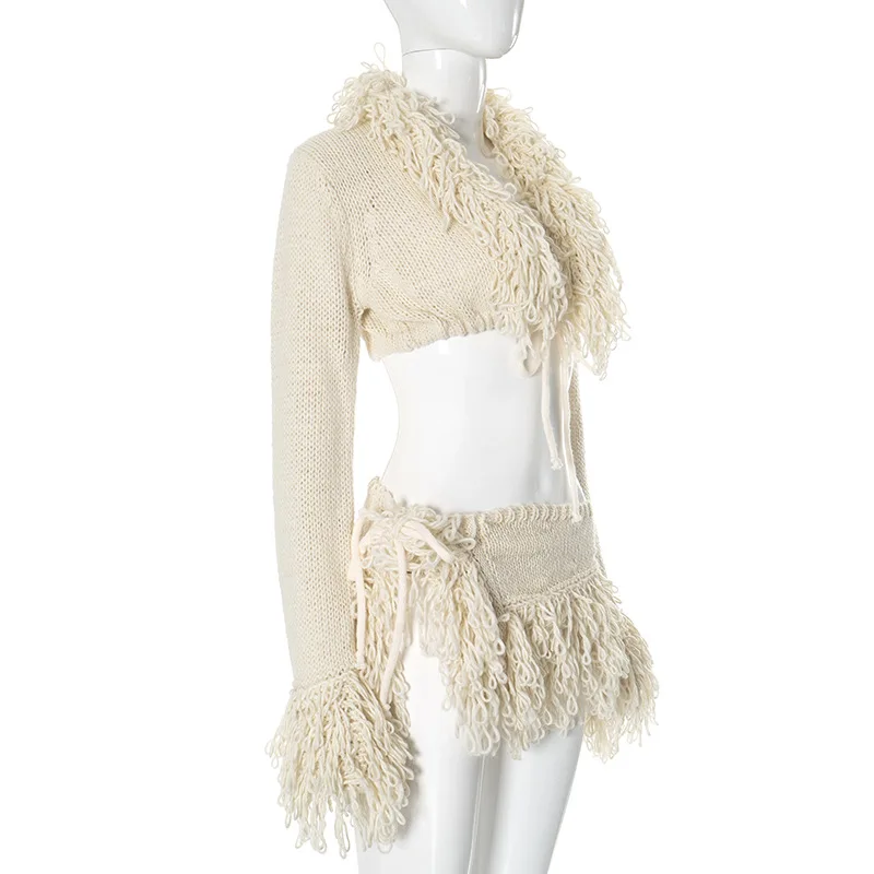 Casual Unique Fall Winter Spring Hollow Out Women Tassel Tie Up Knit Sweater Mini Split Skirt Matching 2 Two Piece Skirt Set