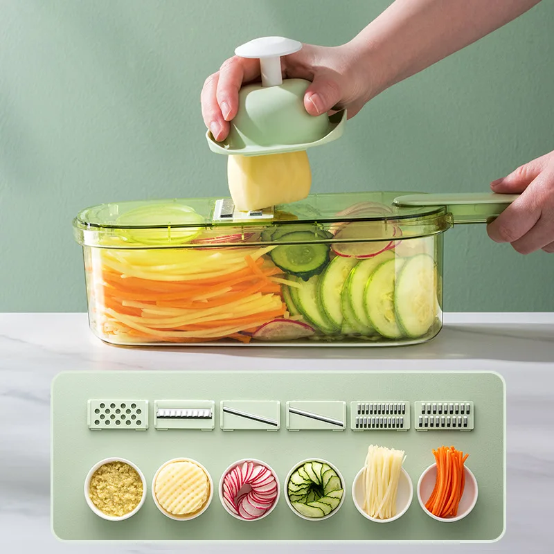 6 Blades Manual Kitchen Cutter Fruit Meat Garlic Potato Cutting Vegetable Chopper With Container Multipurpose Plastic Slicer