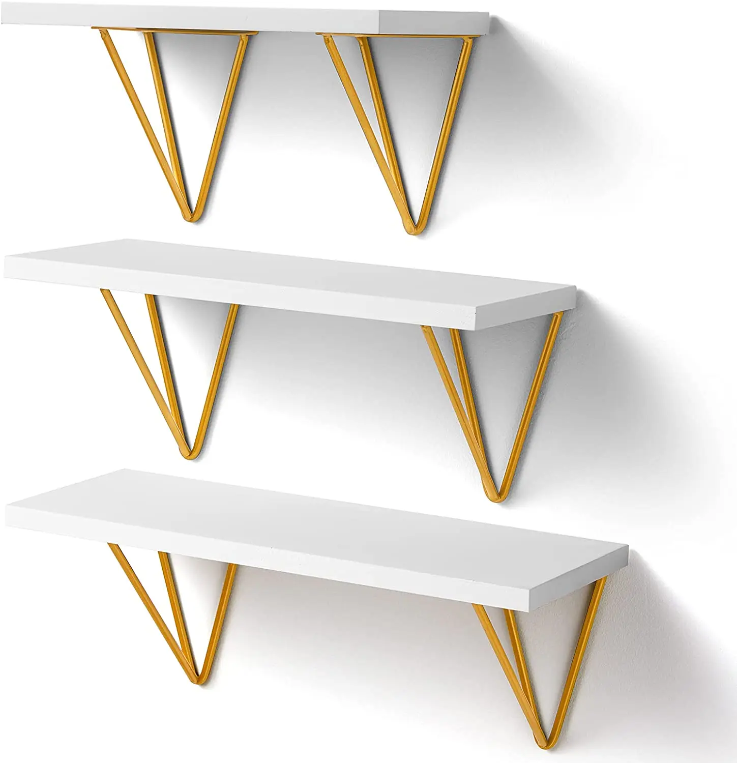 White Floating Shelves - Wall Mounted Shelf with Triangle Golden Metal Brackets for Living Room, Bedroom, Kitchen Set of 3