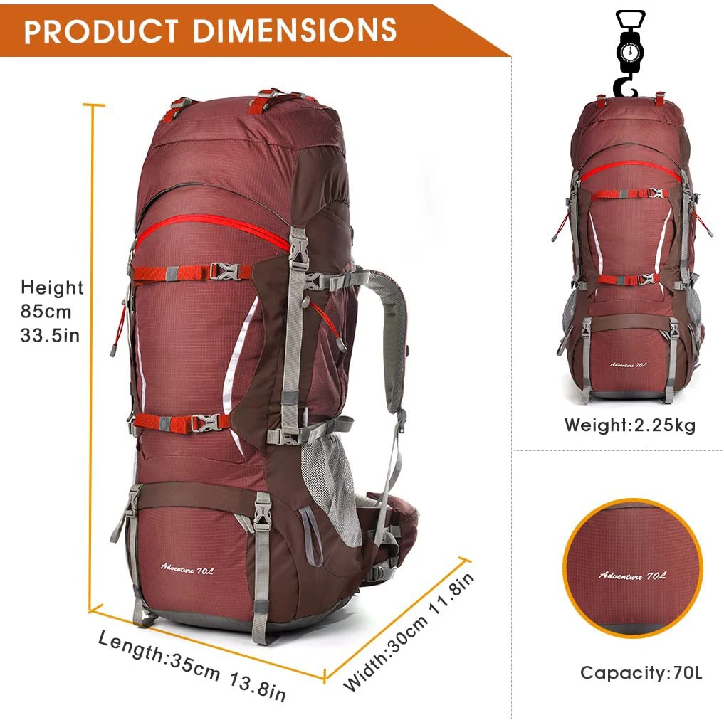 70L Adult Trekking Backpacks Camping Travel Backpacking Backpacker Men Women with Rain Cover