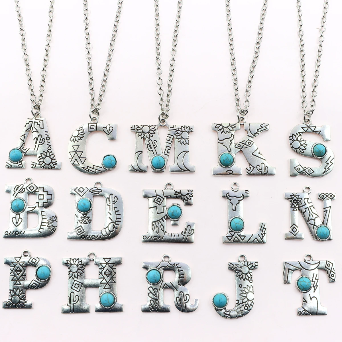 Western Turquoise Initial Letter Pendent Necklace Natural Stone Necklace