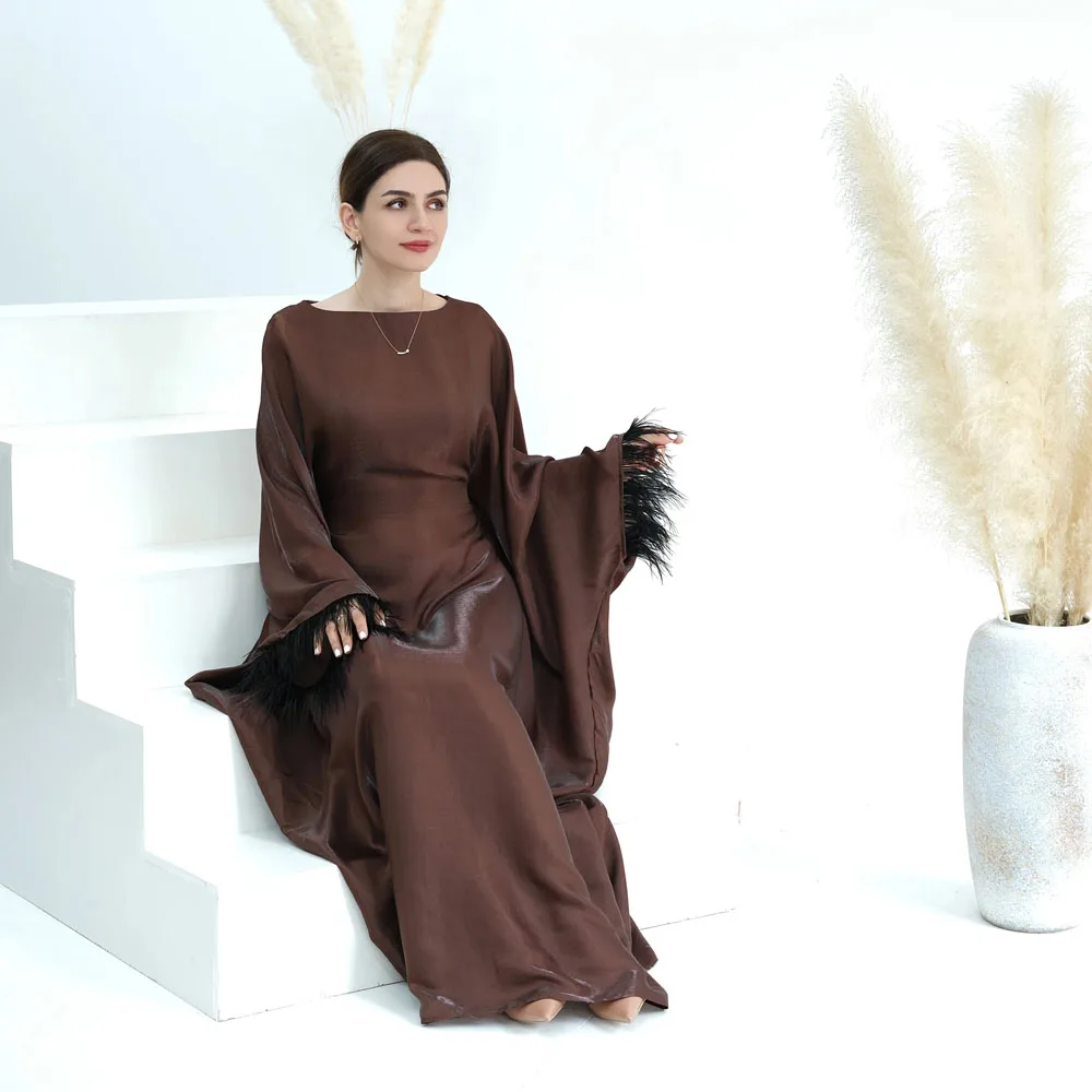 New Closed Abaya Sleeves with Feather Ramadan EID Modest Saudi Dubai Abayas Dresses Islamic Clothing for Women Muslim Dress