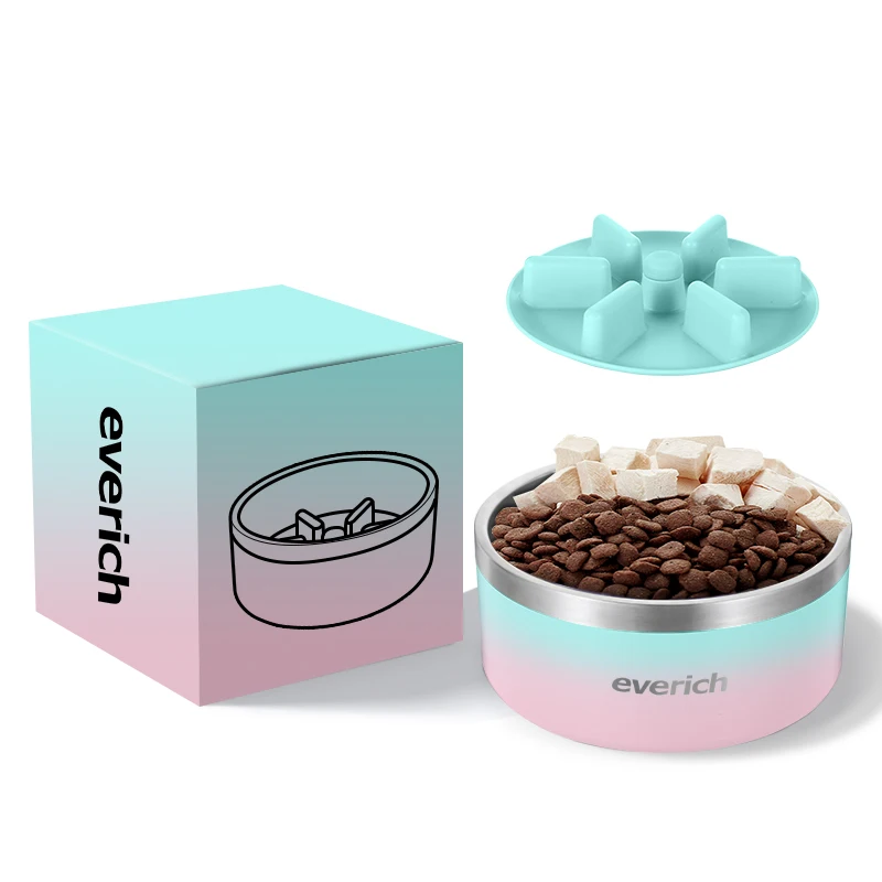 Everich ODM 2024 Free Sample Wholesale 64oz double layer Drinking Water Pet Cat slow feeder dog bowl stainless steel dish