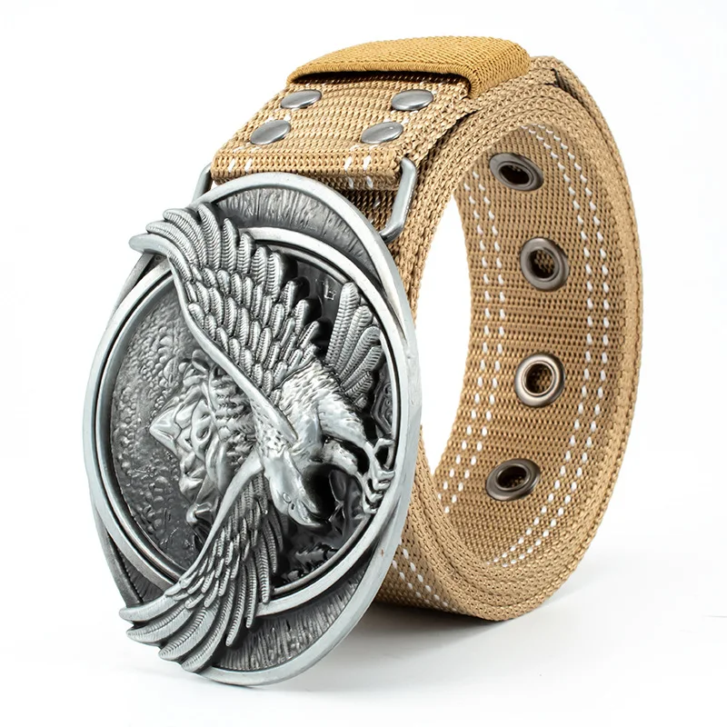 Custom Design Unique Personality Metal Buckle Woven Nylon Fabric  Belt With Eagle Wings Buckle