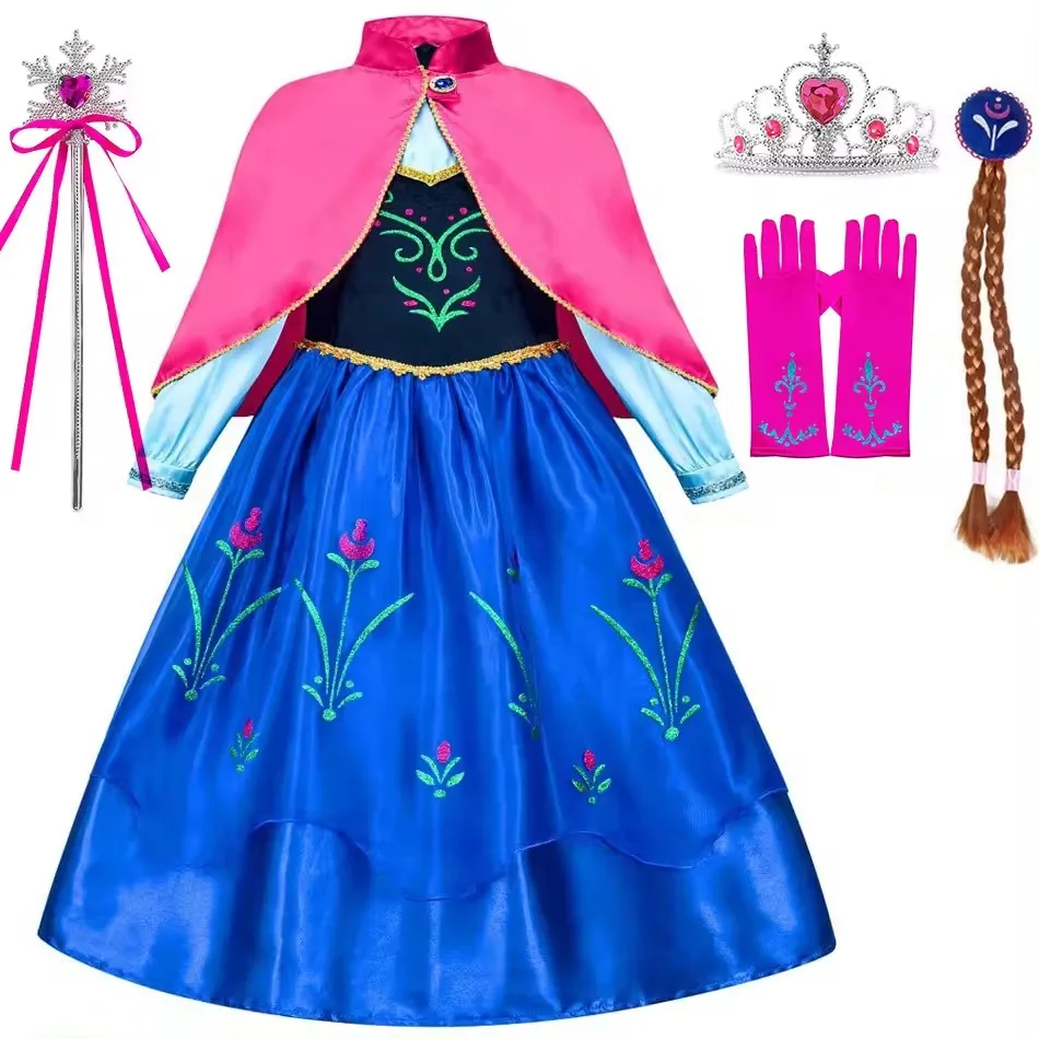 Kids Carnival Princess Disguise Party Anna Dress with Cape For Girl