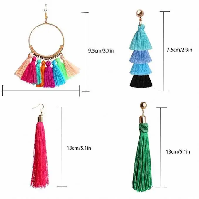 Tassel Earrings Layered Long Thread Ball Dangle Bohemian Tiered Drop