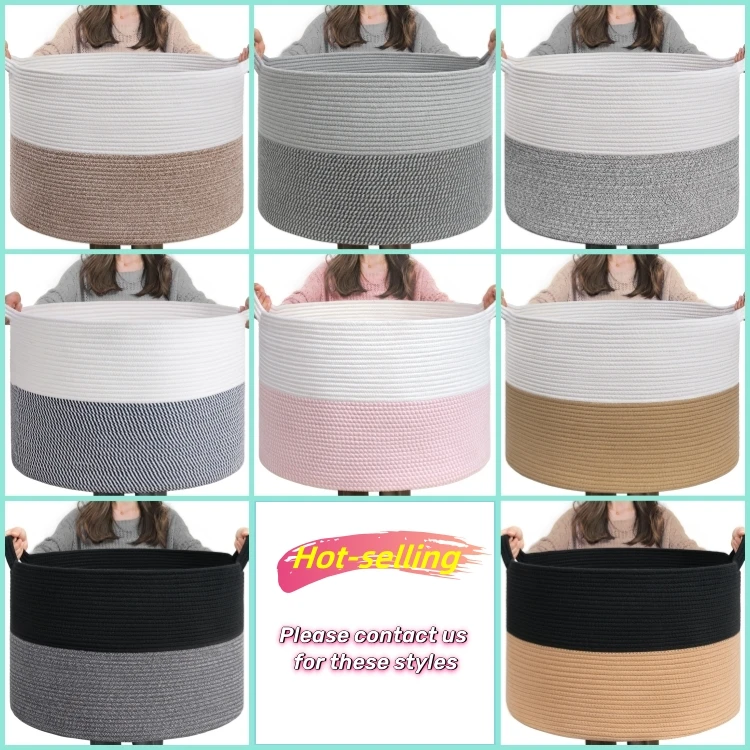 100% Cotton Fabric Large Boho Style Foldable Laundry Basket with Handmade Cotton Rope Handles for Home Clothes Storage