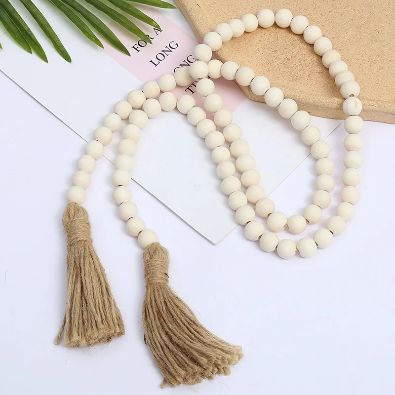 Handmade 14mm/16mm Hemp Rope Tassel Wall Hanging Art Deco Design Style Wooden Beads String Ball Home Decorative Hemu Style