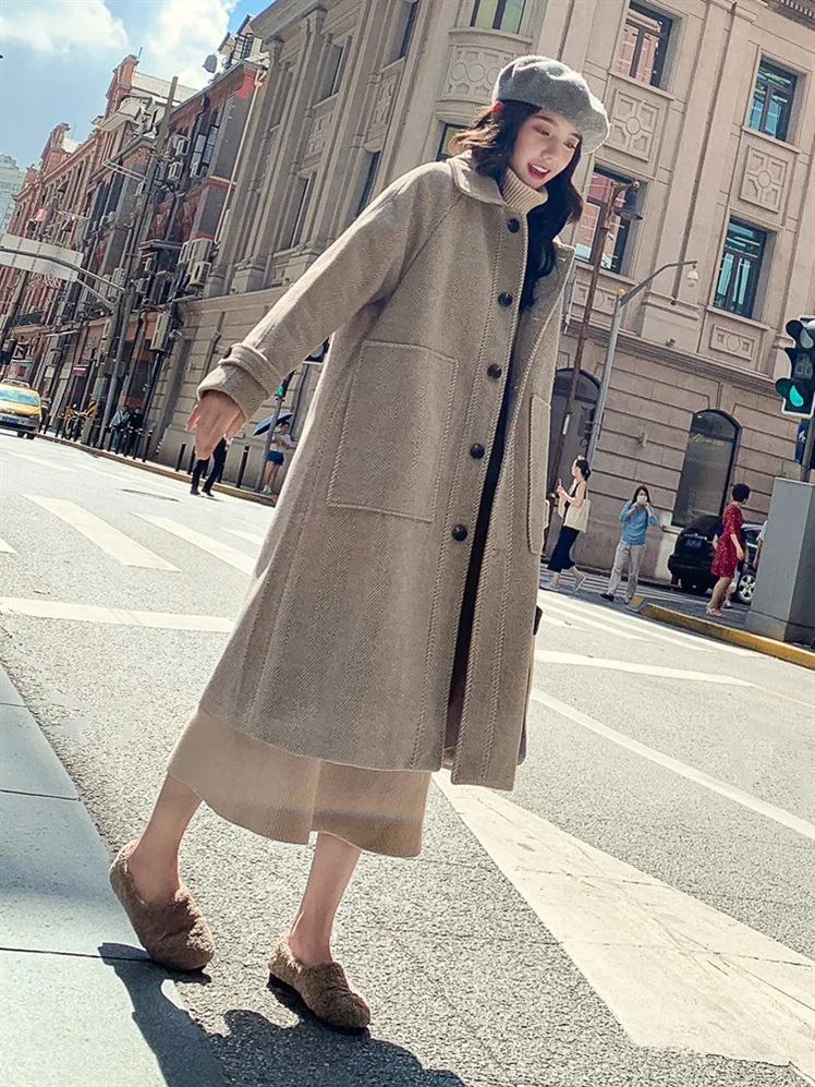 high quality hot selling winter warm formal streetwear ladies office long sleeve knee length woolen coat women