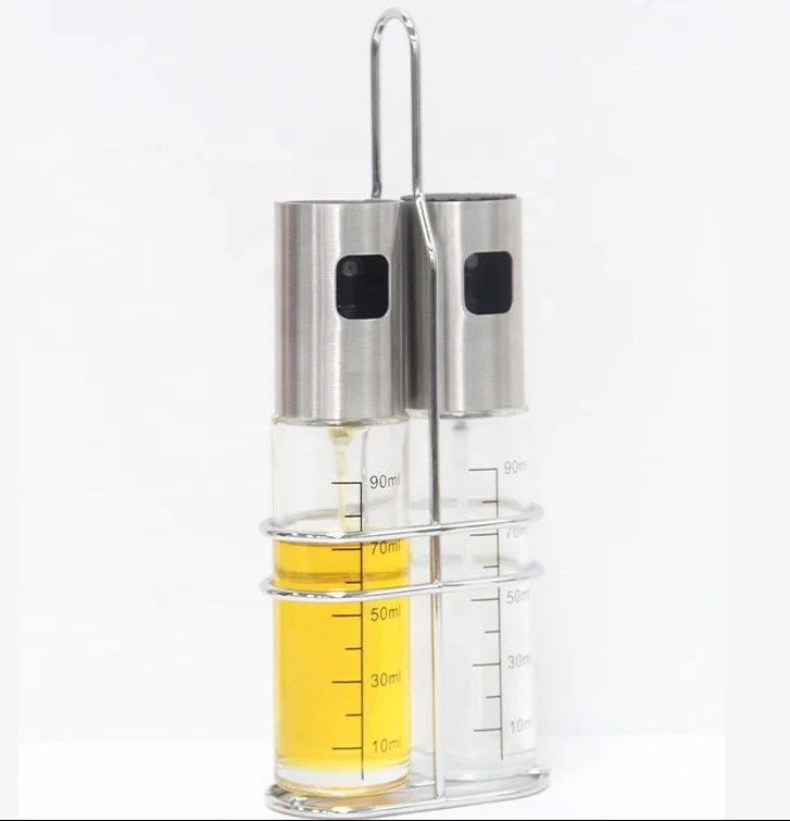 Olive Oil Mister Sprayer Glass Bottle for Cooking for Salad BBQ Kitchen Baking Roasting with Funnel and Brush Holder