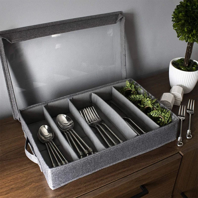 Flatware Storage Chest with Clear Lid, Great Fabric Container Box for Organizing Utensils, Silverware, Flatware, Large Capacity