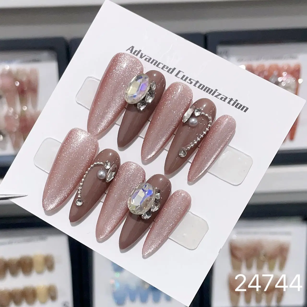 Long Almond Shape Rhinestone Cat Eye Press On Nails Glamorous and Eye Catching Designs for Fashion Forward Looks.