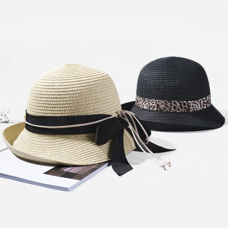 High Quality Ribbon Ladies Custom Paper Summer Straw Bucket Beach Hats with Logo