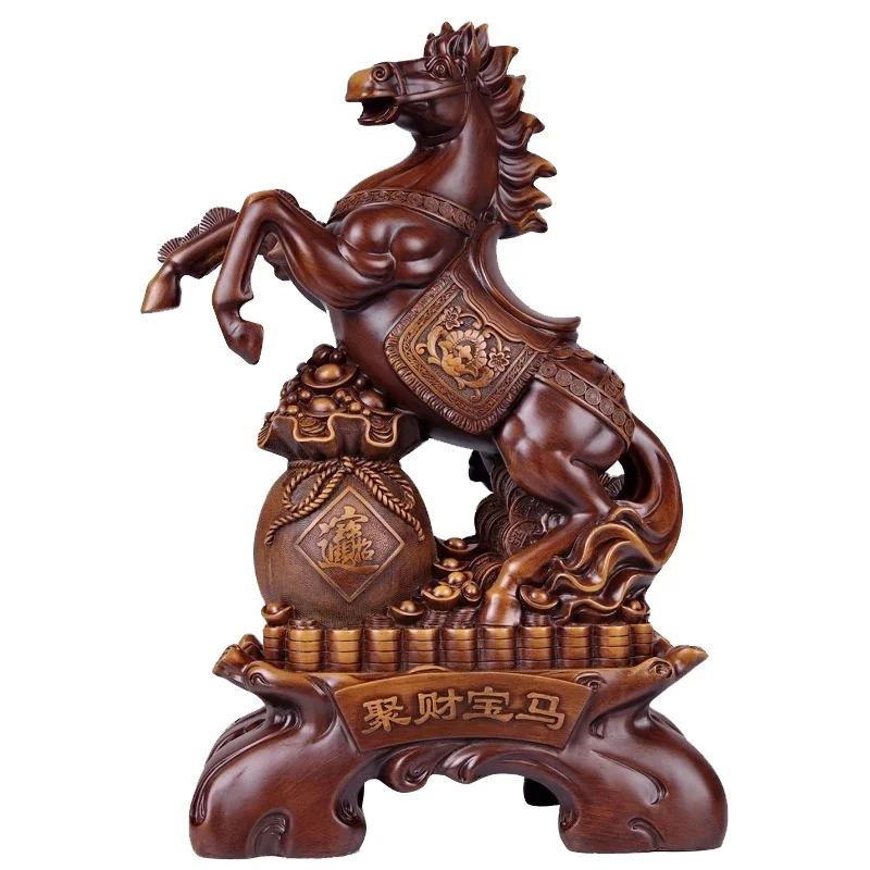 Chinese Traditional Fengshui Poly Resin Home Decoration Sculpture Wood Texture  Fortune Horse Sculpture