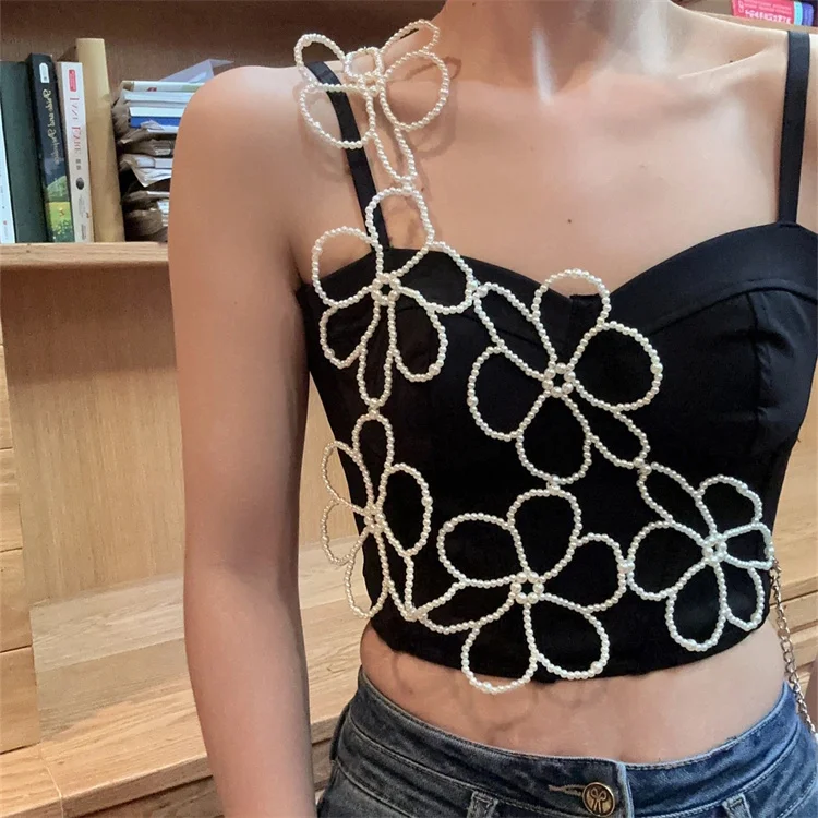 Pearl Flower Chest Chain Harness Jewellery beads Quality Luxury Dance Fashion Sexy Rave Bra Top Festival Chain